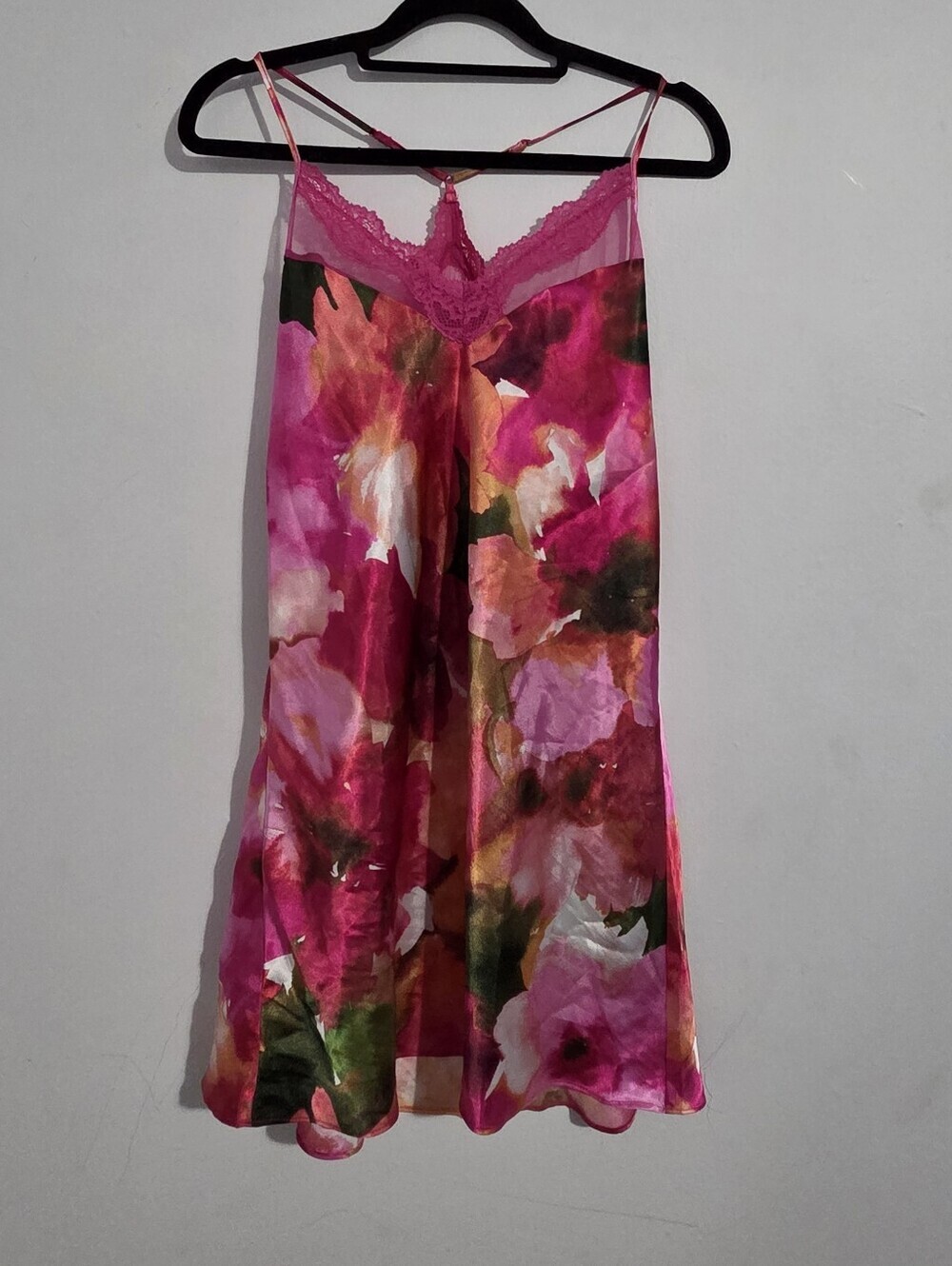 Floral Satin Slip Dress with Lace Trim - Pink Multi
